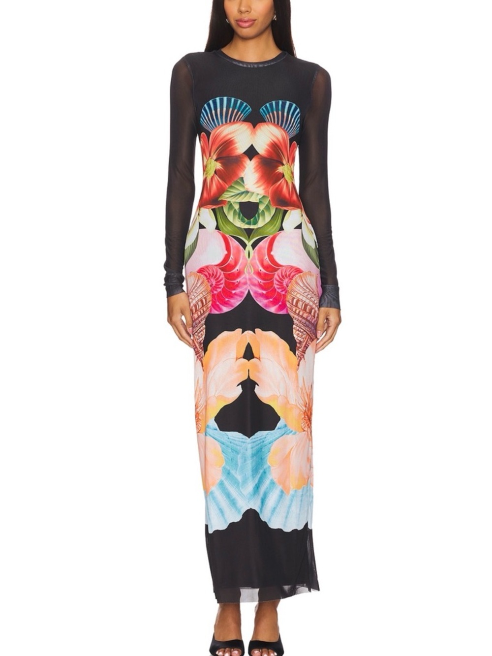 AFRM Black Long-Sleeve Maxi Dress with Vibrant Floral Print
